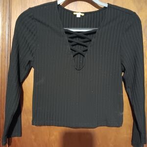 Gianni Bini Black Ribbed Lace-Up Crop Top